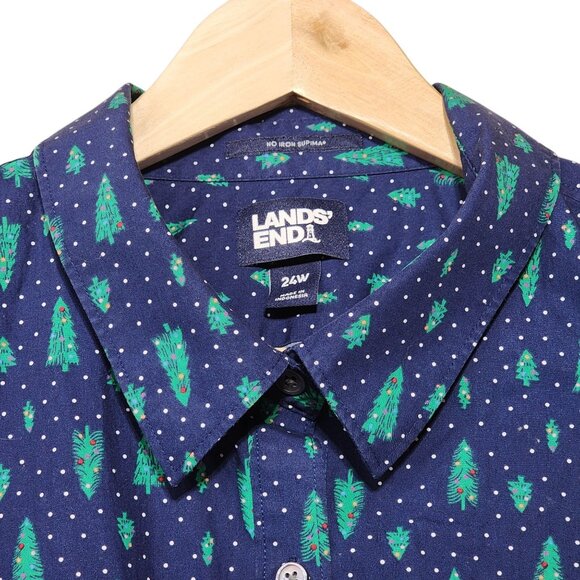 Lands End Womens No Iron Supima Shirt 24W Blue Christmas Green‎ Trees Pattern - Picture 1 of 8